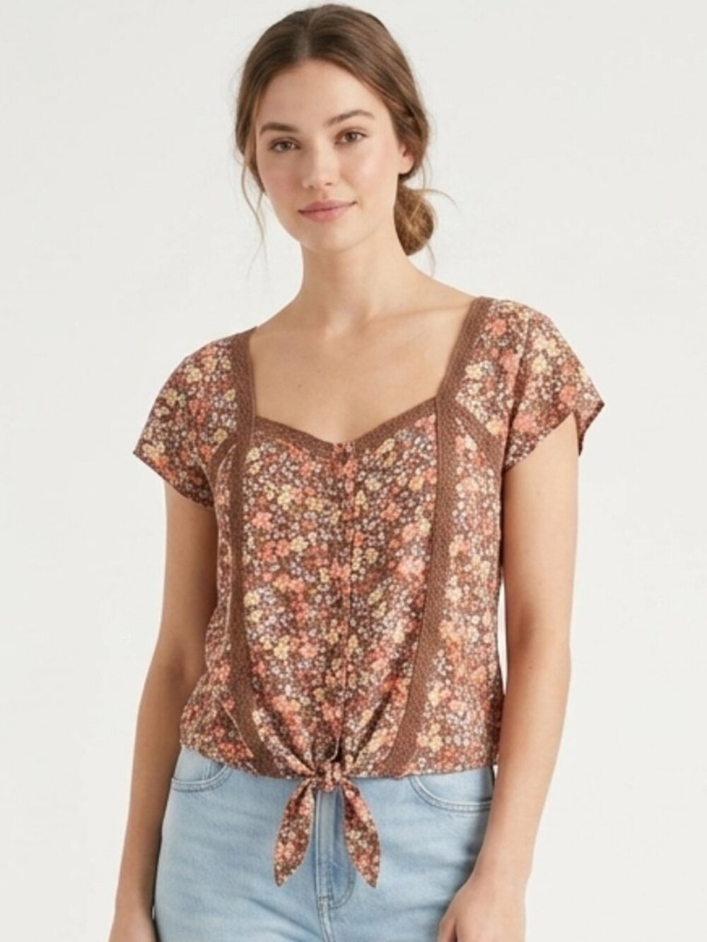 Self E Blouse Brown Pink Y2K Floral Crochet Boho Festival M
